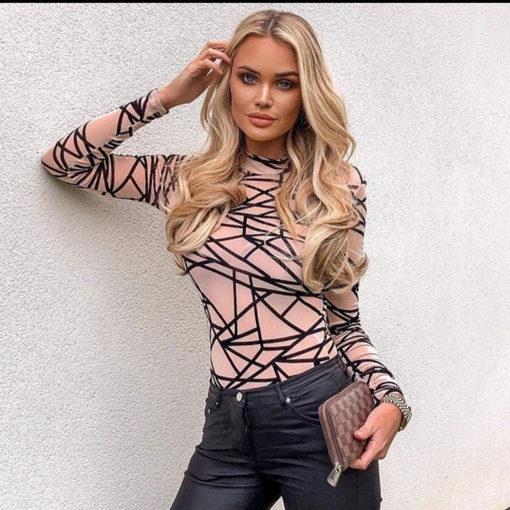 Nude Abstract Print Long Sleeved Mesh Bodysuit - Picture 10 of 15